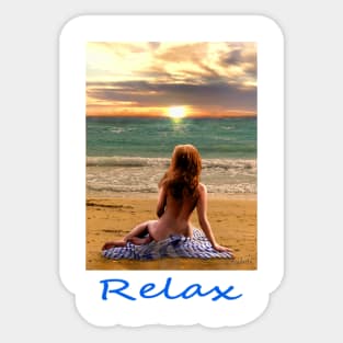 Woman girl seated on beach looking at sunset zen yoga buddhism Sticker